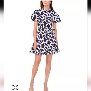 MSK Women Cotton Print Puff-Sleeve Shirt Dress Sz M Button Up Belted NWT